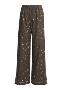 Pantalones de pierna ancha confeccionados en una suave tela marrón oscuro, con un sutil patrón de estrellas en rosa claro, con una cintura elástica y acentos blancos.