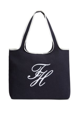 Borsa tote nera con rifiniture bianche e logo "FH" in corsivo bianco al centro sul davanti, dotata di due ampie cinghie da spalla.