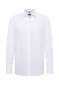 Witte langemouwblouse van gladde stof. Heeft een button-down kraag, een borstzak en zilveren knopen aan de voorkant.
