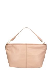 Borsa a tracolla in morbida pelle rosa, con un manico curvo, caratterizzata da un design semplice e cuciture visibili sul davanti. Accenti in hardware dorato.