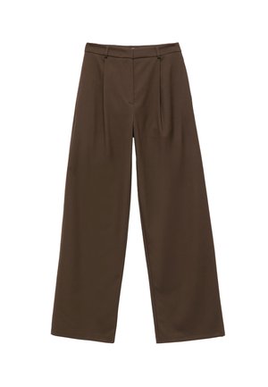 Brown wide-leg trousers with a smooth texture, featuring front pleats, a high waist, and a classic design suitable for various occasions.