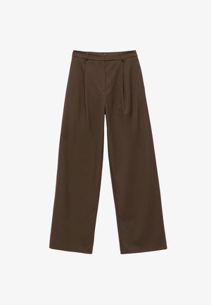 Braune, weit geschnittene Hose mit glatter Textur, vorne mit Bundfalten, hoher Taille und klassischem Design, geeignet für verschiedene Anlässe.