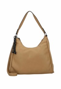 Tan leather shoulder bag with a textured finish, featuring a black woven tassel and a single adjustable strap. Zippered top closure.