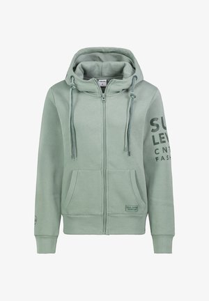 Hellgrüner Reißverschluss-Hoodie mit Kapuze und Kordelzug, Fronttaschen und gummiertem Druck am Ärmel. Weicher Stoff mit gerippten Bündchen.