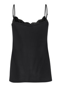 Camisola nera con spalline regolabili, merletto lungo il collo, tessuto dalla texture liscia e design a taglio dritto senza decorazioni.