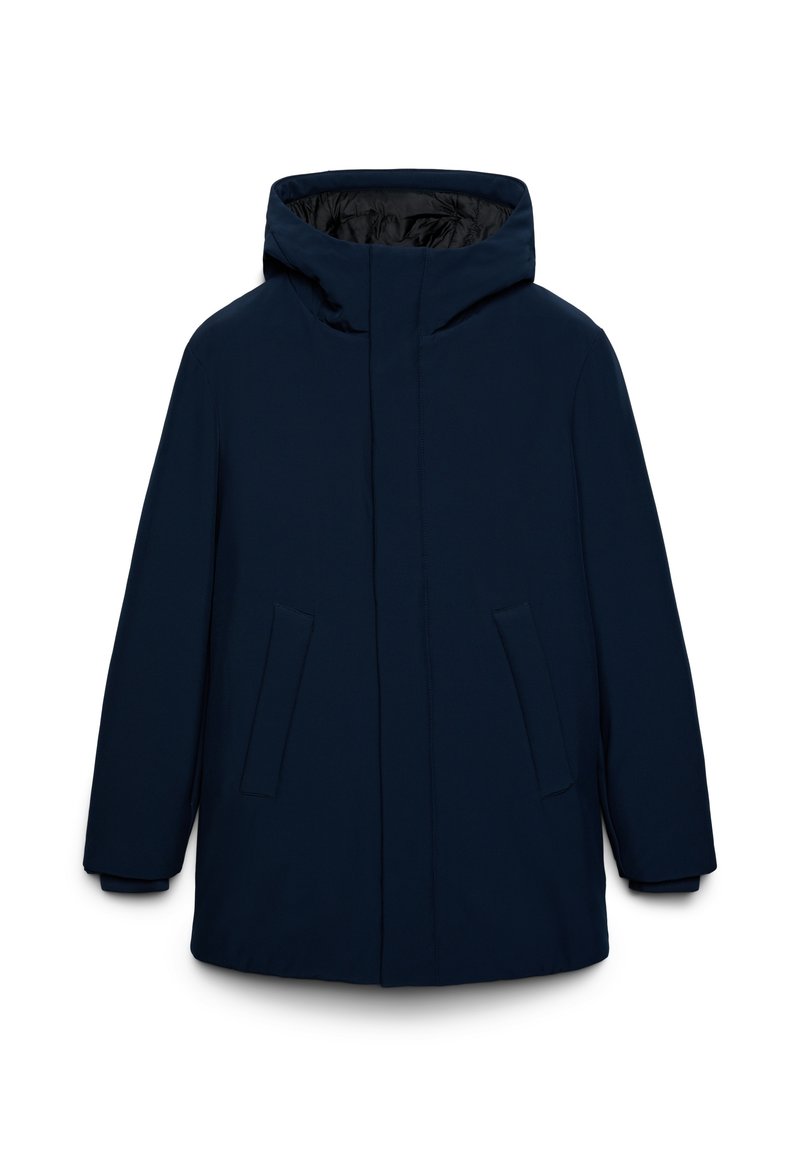 Giacca imbottita blu navy con colletto alto, zip nascosta e due tasche frontali. Materiale esterno liscio con una fodera nera a contrasto.