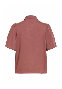 Haut rose poussière à manches courtes avec col, épaules légèrement bouffantes et coupe décontractée, présenté de dos sur un fond blanc.