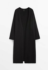 Black long cardigan with an open front, made of a soft, textured material, featuring wide sleeves and no visible fastenings or patterns.