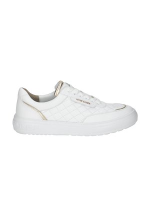 White sneaker with quilted texture, gold accent on heel, and round toe. Features lace-up closure and a thick white rubber sole.