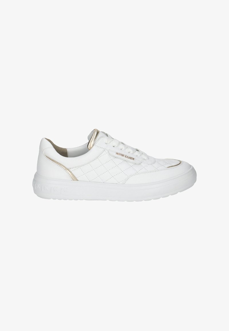White sneaker with quilted texture, gold accent on heel, and round toe. Features lace-up closure and a thick white rubber sole.