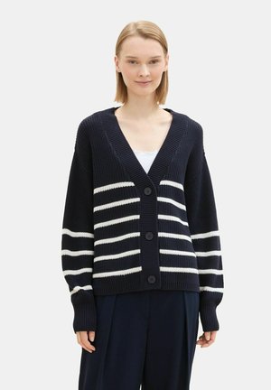V NECK CARDIGAN - Strickjacke - placed navy white stripe