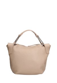 Beige leren handtas met een gestructureerd oppervlak, kleine handgreep en metalen accenten. Ritsluiting aan de bovenkant verhoogt de functionaliteit.
