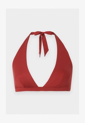 Rotes Neckholder-Bikini-Oberteil mit tiefem V-Ausschnitt und Bindverschluss am Hals, glatter Stoff und minimale Nahtdetails.
