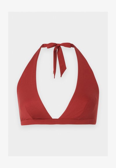 Κόκκινο τοπ μαγιό με halter, βαθύ V ντεκολτέ και κλείσιμο με δέσιμο στο λαιμό, λείο ύφασμα και ελάχιστες ραφές.