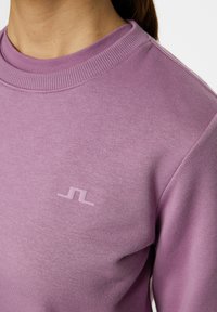 Felpa viola chiaro con scollatura arrotondata, polsini a costine e un logo discreto sul petto. Texture morbida e design casual.