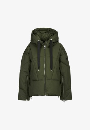 Olivgrüne Puffjacke mit Reißverschluss, verstellbarem Kapuzenkragen und kontrastierenden schwarzen Kordeln. Verfügt über ein Rautenmuster und Seitentaschen.