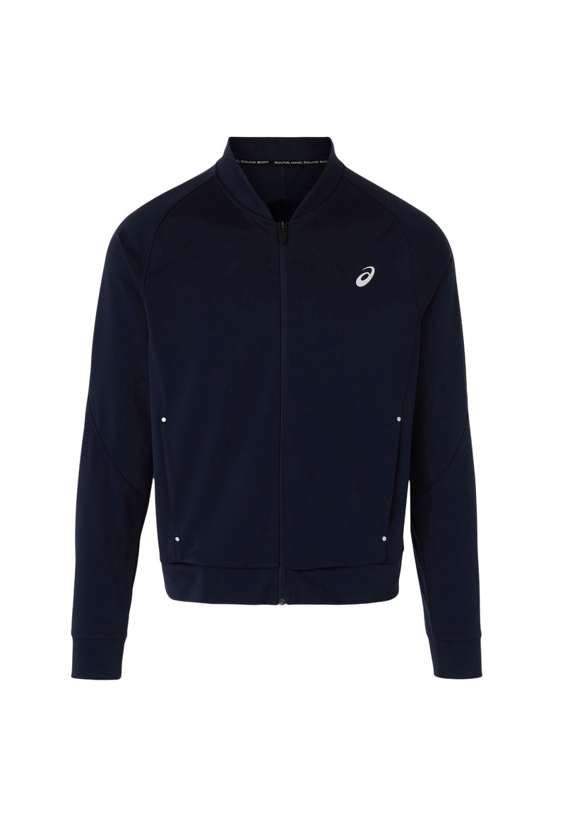 Giacca zip-up blu navy realizzata in tessuto morbido. Presenta un collo alto, tasche laterali e un piccolo logo sul petto sinistro.
