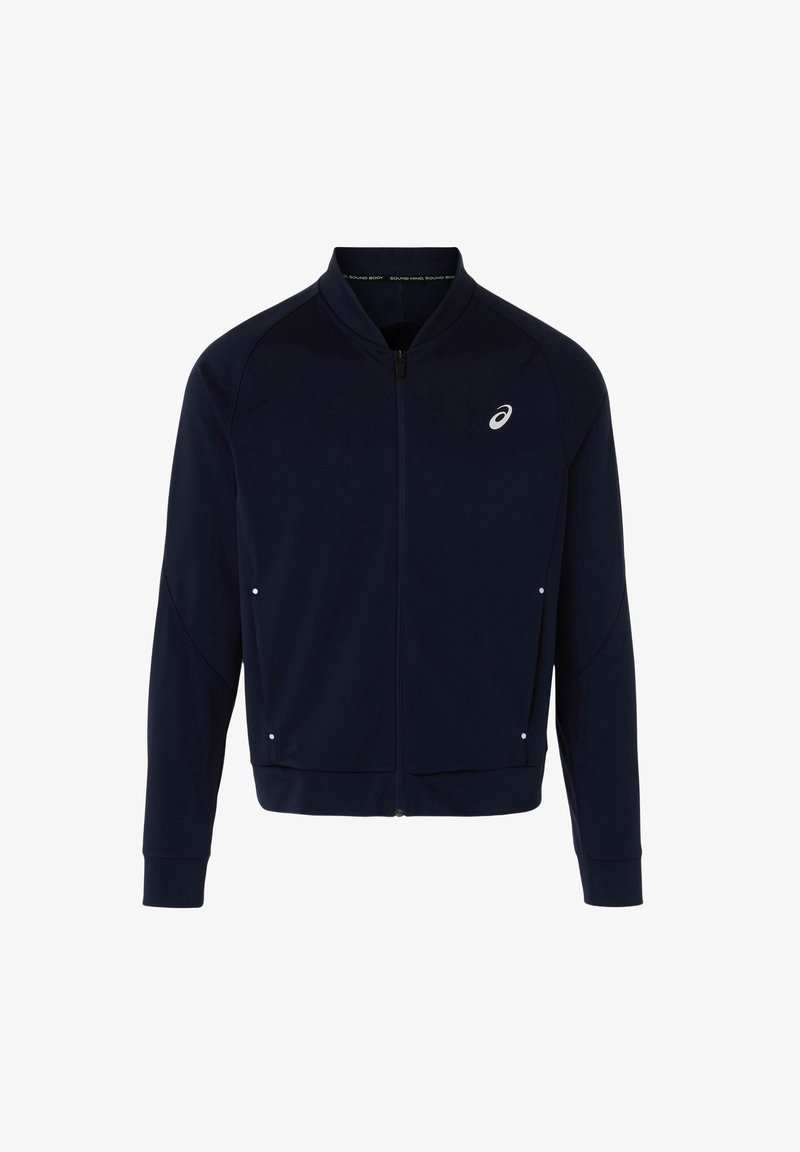 Giacca zip-up blu navy realizzata in tessuto morbido. Presenta un collo alto, tasche laterali e un piccolo logo sul petto sinistro.