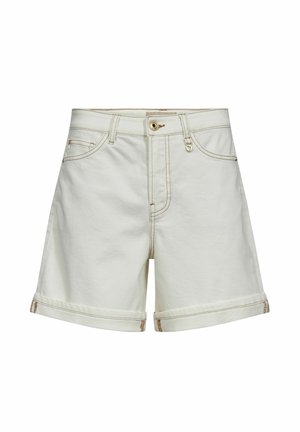 Biele denimové šortky s manžetami, predným zapínaním na gombík, zipsom, pútkami na opasok a dvoma prednými vreckami s kontrastným šitím.