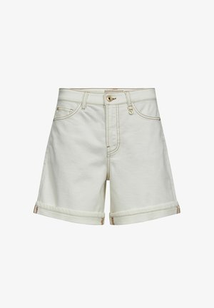 Biele denimové šortky s manžetami, predným zapínaním na gombík, zipsom, pútkami na opasok a dvoma prednými vreckami s kontrastným šitím.