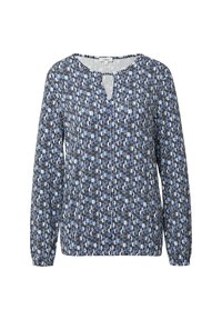 Blusa a maniche lunghe con motivo geometrico in nero, blu e bianco e un piccolo dettaglio di scollatura a chiave nella parte anteriore.