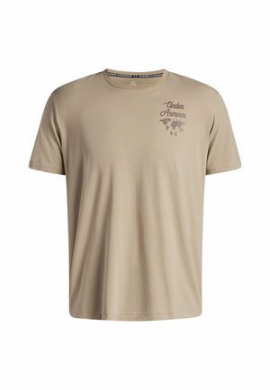 Beige short-sleeve t-shirt made of soft fabric, featuring a subtle brown "Under Armour" logo with a world map graphic on the front.