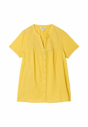 Sárga rövid ujjú blúz elöl gombokkal, hímezett vállrésszel és díszítő öltésekkel az oldalakon és a nyakkivágás mentén.
