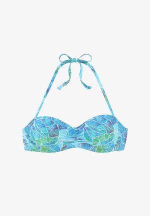 Blaues Neckholder-Bikinitop mit grünem und lila Blattmuster, gerafftem Mittelteil und Bindebändern am Hals.