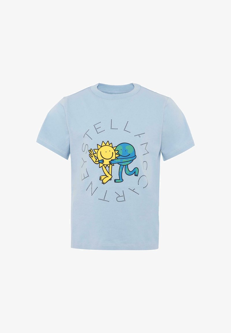 T-shirt en coton bleu clair avec un graphique d'un soleil jaune et d'une planète Terre bleue. Le texte "STELLAR" entoure le design en lettres pointillées.