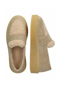 Beige suede loafers with thick rubber soles and shearling lining covering the toe box and inside, shown from top and side views.