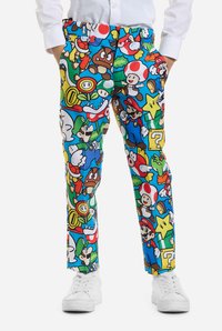 Pantalones coloridos y estampados que presentan varios personajes de dibujos animados sobre un fondo azul. Hechos de una tela con una textura suave. Diseño ajustado.