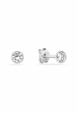 Silberne Steckerohrringe mit runden klaren Edelsteinen und facettierter Oberfläche, die ein poliertes Finish und dezente Fassungen zeigen.