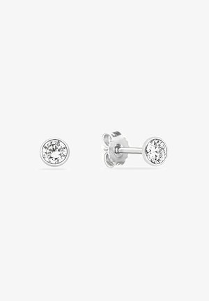 Silver stud earrings featuring round clear gemstones with a faceted surface, showcasing a polished finish and subtle settings.