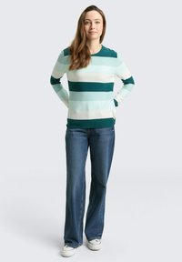 Gestreifter Pullover in Grün und Hellblau mit langen Ärmeln und Rundhalsausschnitt, kombiniert mit dunkelblauen Schlagjeans und weißen Turnschuhen.