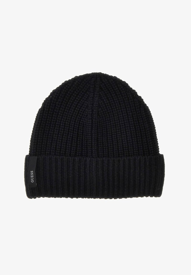 Gorro de lã em azul-marinho escuro com design canelado. Apresenta uma aba dobrada e um pequeno rótulo preto com texto branco na lateral.