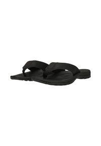 Svarta flip-flop-sandaler med texturerade gummisulor, syntetiska remmar och en tunga design. Har perforerade accenter på den övre remmen.