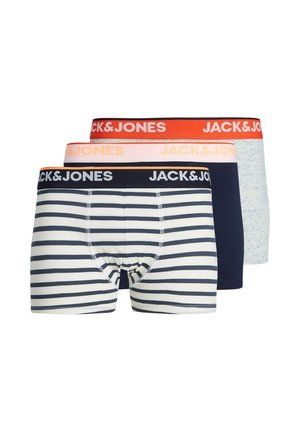 Drei Paar Boxershorts: eine mit navy und weißen Streifen, eine einfarbig navy und eine hellgrau mit gesprenkelter Textur, alle mit kontrastierenden Bündchen.