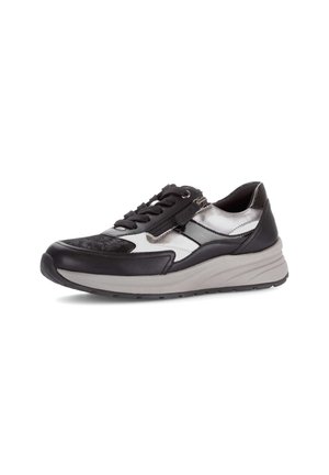 Black and silver athletic shoe with a textured upper, lace closure, and a cushioned sole; features a sleek design and metallic accents.