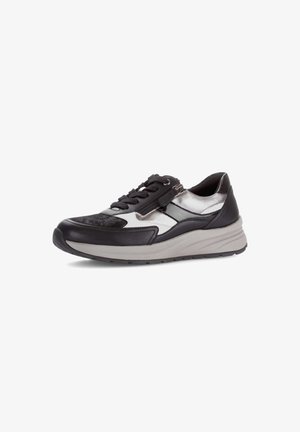 Black and silver athletic shoe with a textured upper, lace closure, and a cushioned sole; features a sleek design and metallic accents.