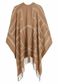 Beżowy poncho z jasnobrązowymi geometrycznymi wzorami, wykonane z miękkiego materiału, o luźnym kroju i frędzlami na brzegach dla dodatkowej tekstury.