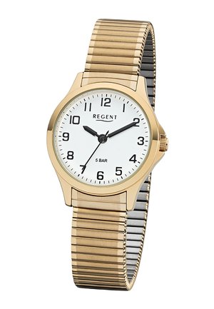 Gold-tone wristwatch with white dial, black Arabic numerals, three black hands, and expandable matching gold metal band.