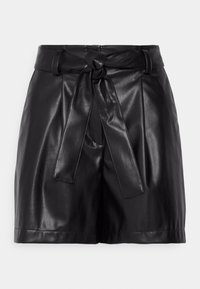 Czarne skórzane szorty z wysokim stanem, wyposażone w pasek zawiązywany na supeł, o gładkiej fakturze i dopasowanym kroju. Bez widocznych elementów metalowych ani wzorów.