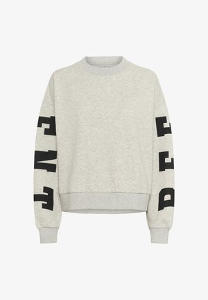 Light grey crewneck sweatshirt with black block letters vertically printed on both sleeves, ribbed cuffs and hem.