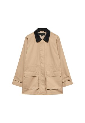 Beež värvusega jakk musta sametkraega, pikkade varrukatega, esiküljel klapimõõtmete taskud ja kinnised nööpidega.