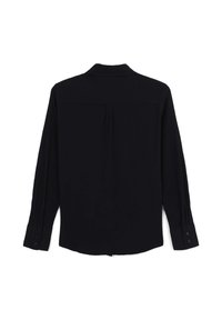 Camicia nera a maniche lunghe con bottoni e colletto, vista da dietro, con bottoni sui polsini e una piega centrale.