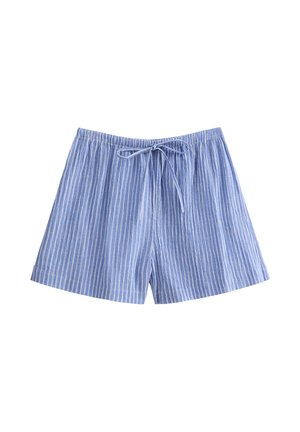 Pantalones cortos a rayas azul claro fabricados con tela suave, con cinturilla elástica y cordón para un ajuste ajustable.