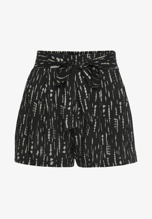 Sorte shorts med høj talje med abstrakt hvidt lodret prikket mønster og stofbælte bundet i sløjfe foran.