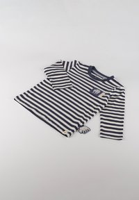 Langärmliges gestreiftes Hemd aus navy und weißer Baumwolle, mit einer Brusttasche mit einem Bärendesign und einem kleinen Bärenetikett am Saum.