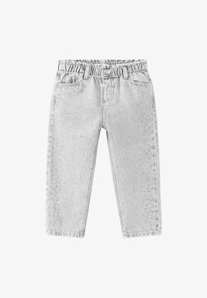Jean gris clair pour tout-petits avec ceinture élastique, bouton devant, passants de ceinture et poches latérales, présentant de subtils petits motifs à pois sur les jambes.