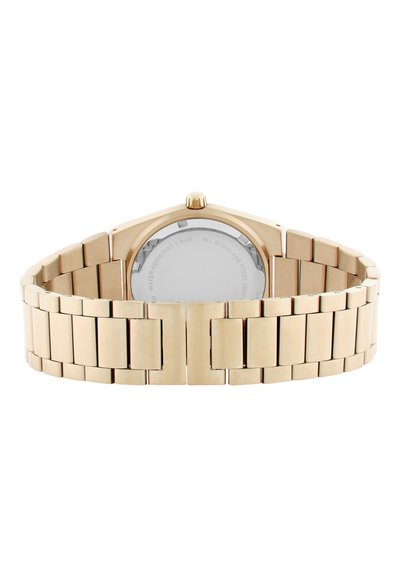 Gold-tone stainless steel watch with hexagonal case, link bracelet, and a textured surface. Water-resistant to 5 bar.